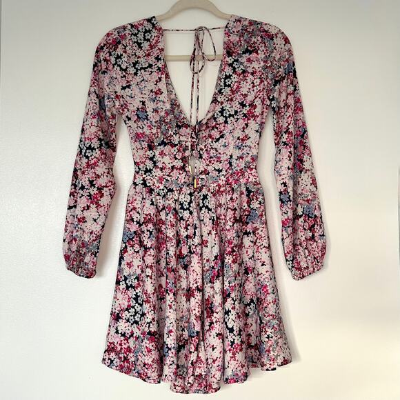 Michael Costello x REVOLVE Tabitha Dress XS Pink Floral Cutout Mini Long Sleeve - Picture 14 of 16